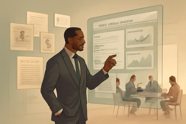 Lawyer using advanced legal argumentation software with startup team collaborating in modern office