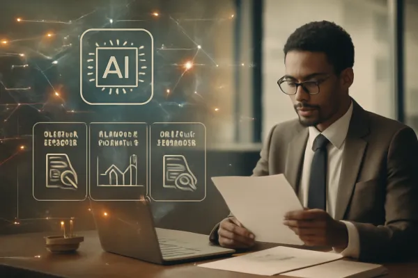 Office scene blending AI legal software visuals with a lawyer reviewing documents