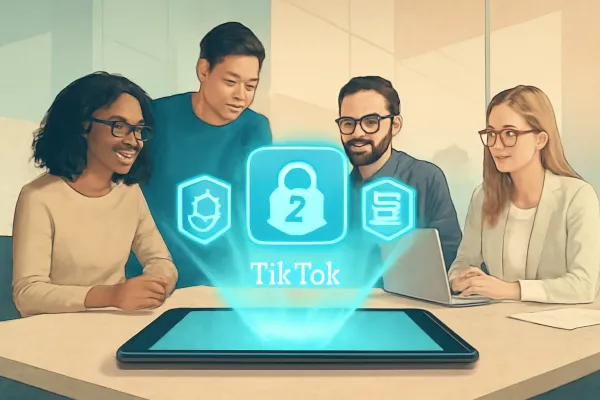 Tech professionals reviewing TikTok ban legal and security hologram in modern office setting