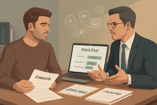 Startup founder consulting lawyer on legal fees and contracts in a modern office setting.