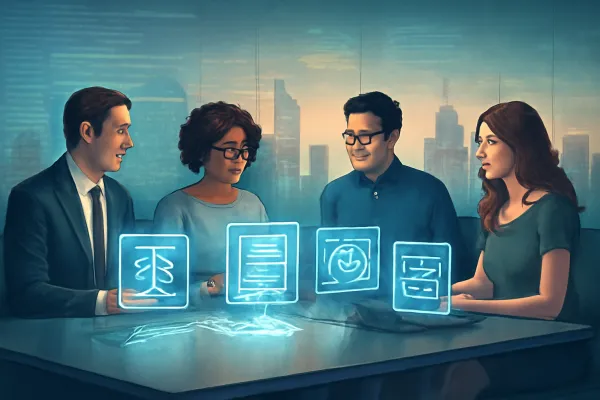 Professionals collaborating with legal tech icons blending law and AI in a modern office.