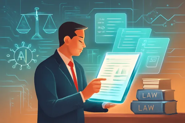 Illustration showing AI and human lawyer collaboration improving legal practice.