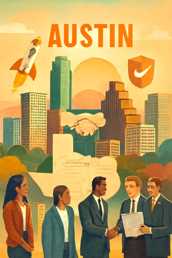 Austin skyline with entrepreneurs and legal symbols blending business growth and legal support
