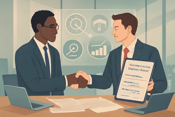 Business partners shaking hands over a digital Master Service Agreement in a modern office.
