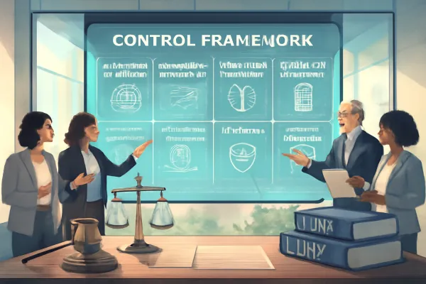 Corporate office scene showing legal experts collaborating on a futuristic business control dashboard.