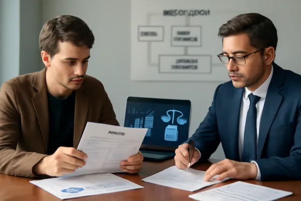Businesspeople negotiating vendor contracts with legal documents and strategy charts in a modern office.