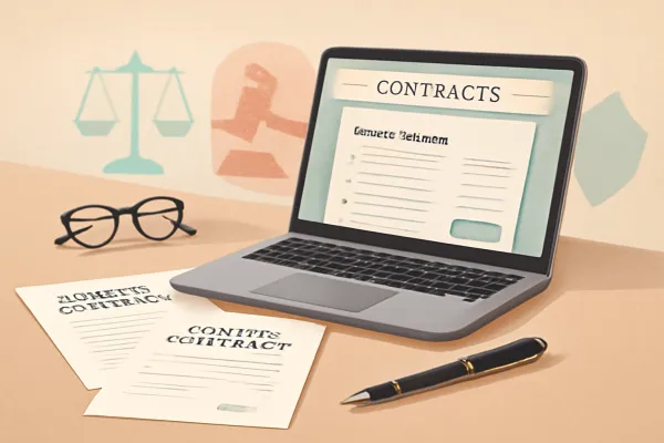 Workspace with vendor contracts, digital contract platform, and legal symbols for business guidance