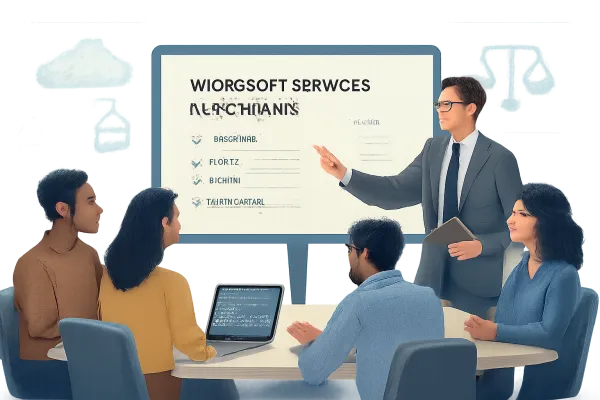 Startup team with lawyer reviewing Microsoft Services Agreement and cloud service icons.