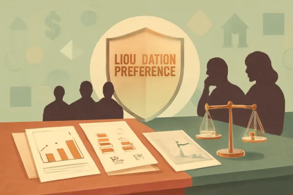 Minimalist illustration of convertible note liquidation preferences with investors, founders, and legal documents