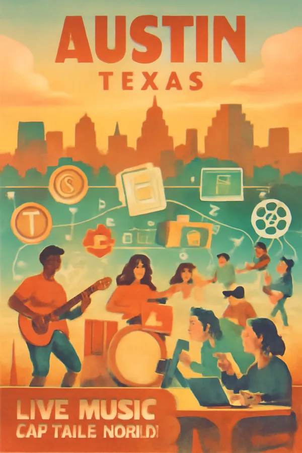 Austin entertainment hub with musicians, legal symbols, and a colorful cityscape at sunset.