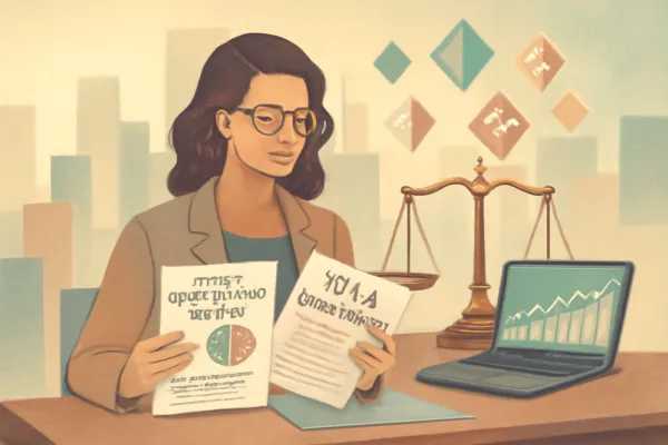 Businesswoman reviews equity compensation and FLSA compliance documents in a modern office setting