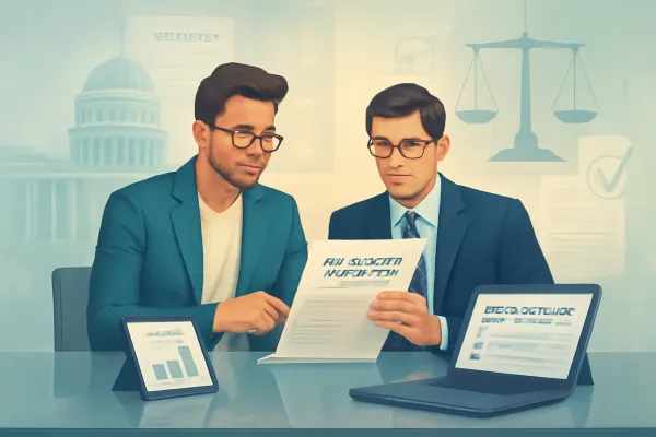 Startup founder and lawyer reviewing government contract in professional office setting