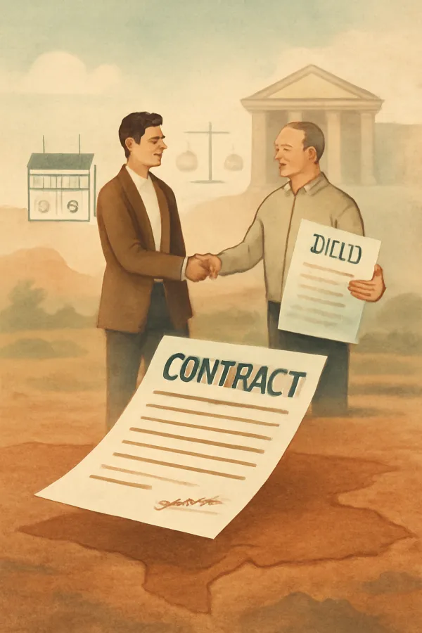 Conceptual scene of a Texas contract for deed transaction with buyer, seller, and legal elements.
