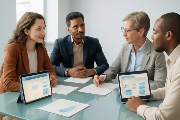 Startup team and legal advisor negotiating vendor contracts with digital tools in modern office.
