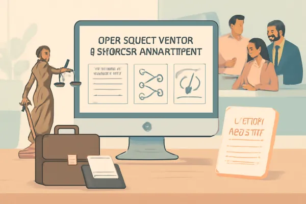 Modern workspace showing open source contract management with legal elements and team collaboration