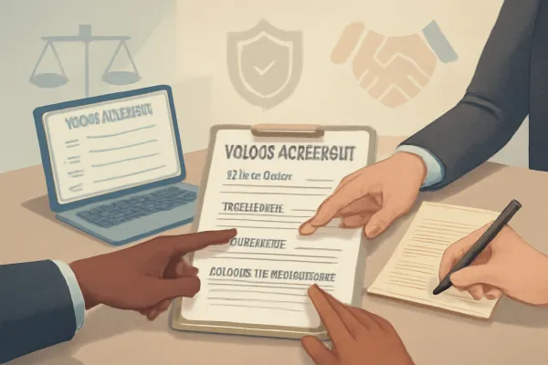 Close-up of professionals reviewing and negotiating a detailed vendor agreement contract