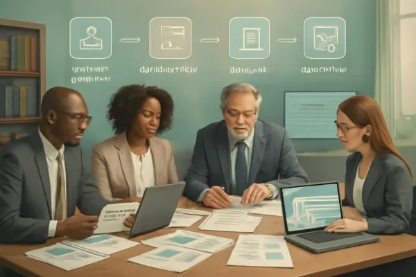 Office scene with professionals managing vendor contracts using legal documents and digital tools.