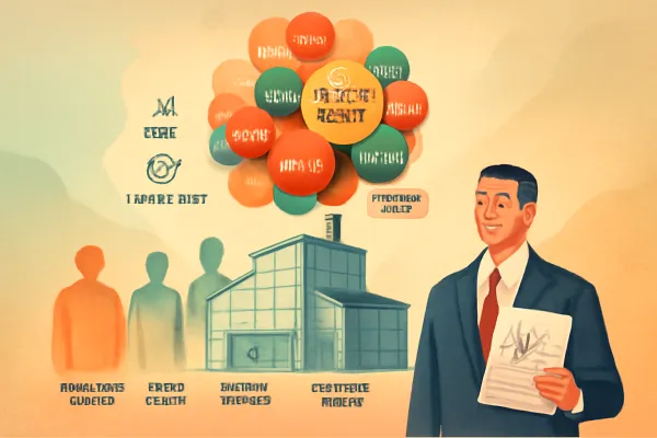 Stylized illustration showing startup shares, shareholders, and legal guidance in muted earth tones