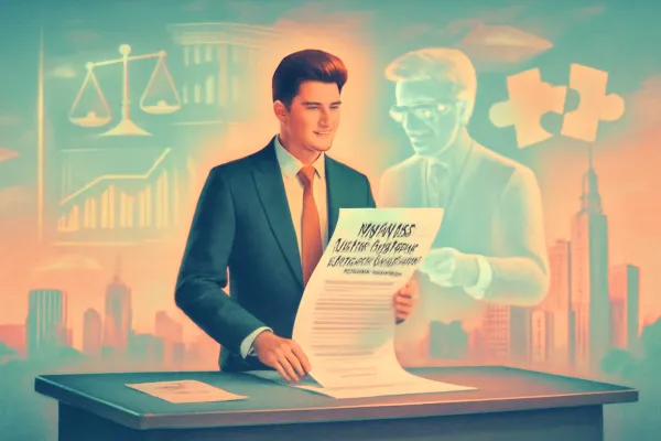 Surreal image of startup founder reviewing a detailed PPM with a guiding legal figure and floating financial symbols