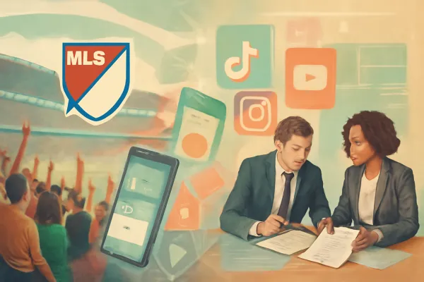 Digital collage showing MLS stadium with fans, business innovation, and legal strategy elements.