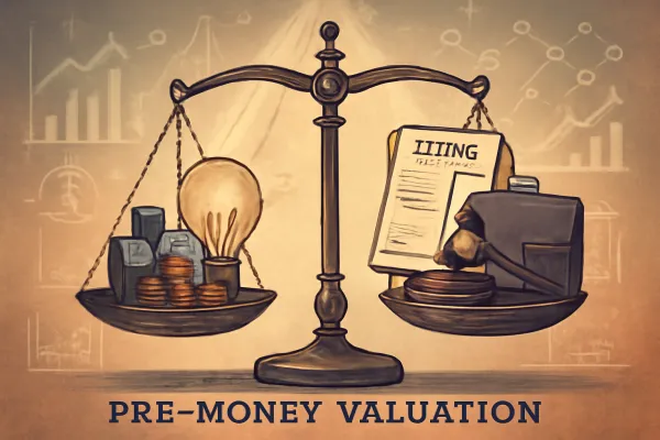 Vintage-style illustration of a balance scale symbolizing startup valuation and legal counsel.