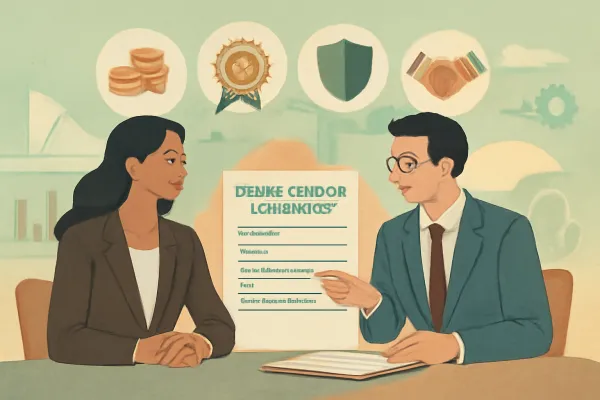 Businesswoman and lawyer reviewing prime vendor contract with symbolic icons and documents.