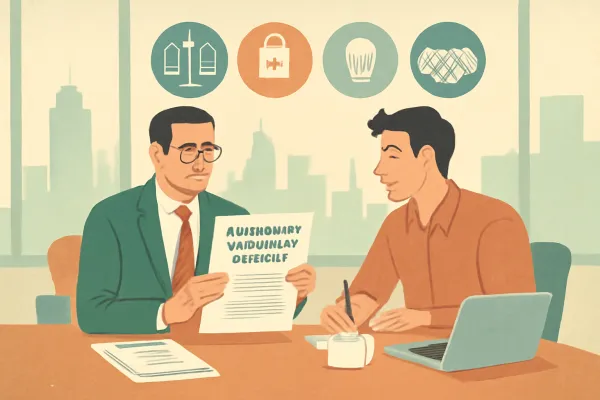 Lawyer and startup founder reviewing professional services agreement in modern office