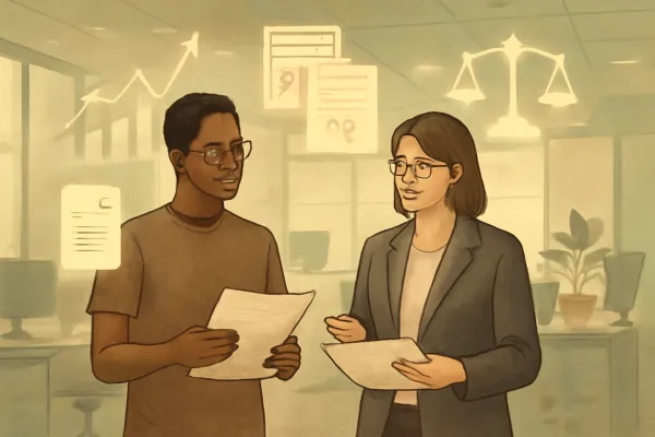 Startup founder and lawyer reviewing legal and financial documents for qualified financing