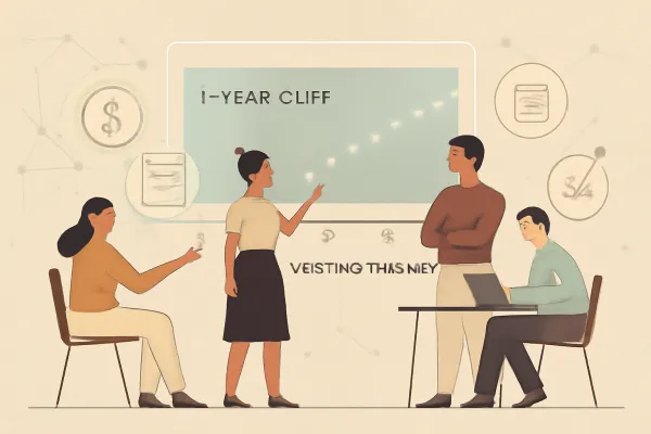 Minimalist graphic of a startup's 4-year vesting timeline with 1-year cliff and employee collaboration.