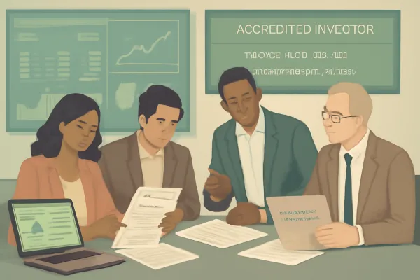 Startup founders and lawyers reviewing investment documents under Rule 506(c) regulations in office.