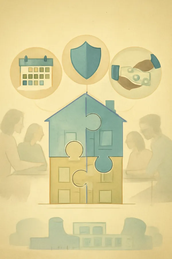 Illustration of startup equity blueprint with stock shares, vesting calendar, and legal symbols.