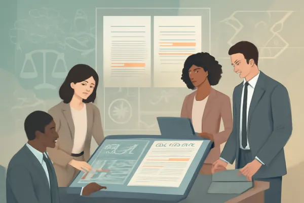 Modern office scene showing AI legal tools and human lawyers collaborating on legal documents.