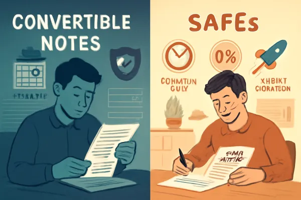 Split illustration comparing startup funding with convertible notes and SAFEs.