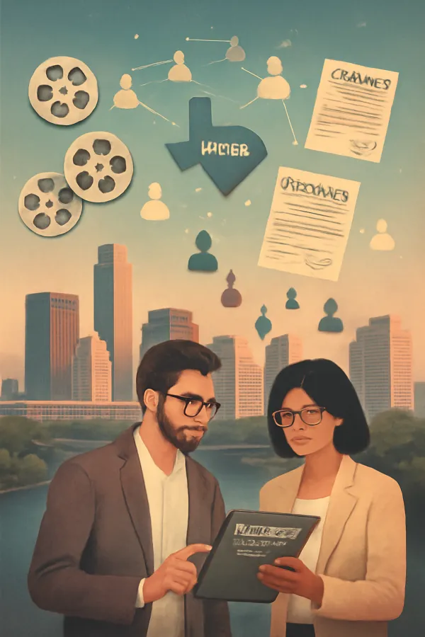Texas city skyline with film industry icons, talent, and legal consultation.