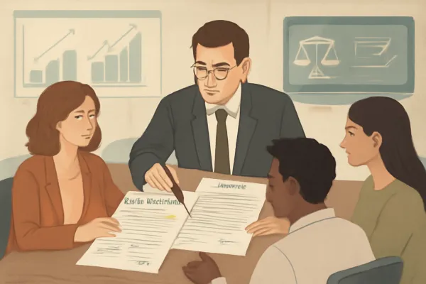 Startup team and lawyer reviewing sale and lease agreements in an office