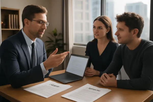Business lawyer advising startup founders on sale and lease agreements at a modern office table.