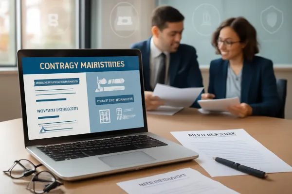 Office desk with digital contract software, signed vendor agreement, and legal consultation scene