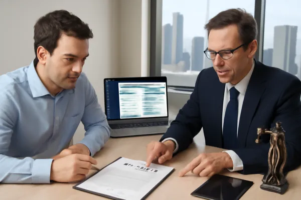 Startup founder and lawyer reviewing vendor contract at modern desk with digital tools