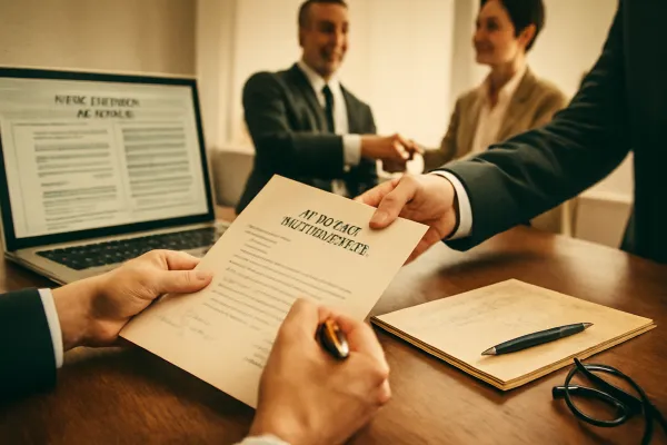 Hands exchanging a signed vendor contract in a professional business setting with legal counsel