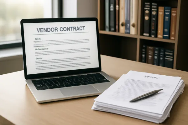 Workspace with laptop showing vendor contract template and contract papers with pen.