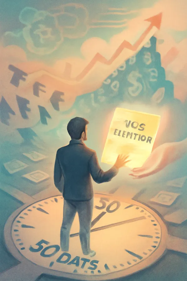 Startup founder at surreal crossroads with clock, tax documents, and rising growth symbols.