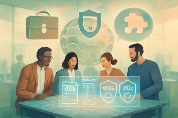 Startup team collaborating on confidentiality strategy with digital legal and cybersecurity icons.