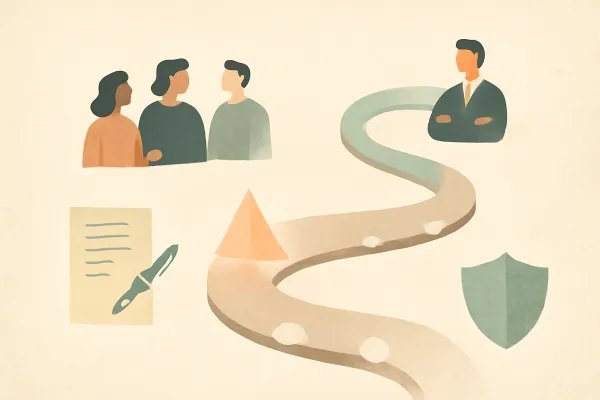 Minimalist illustration of a founders' vesting timeline with milestones and legal guidance symbols