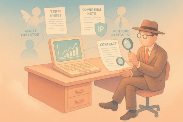 Surreal pastel scene of a retro office desk with startup investment documents and a lawyer figure.
