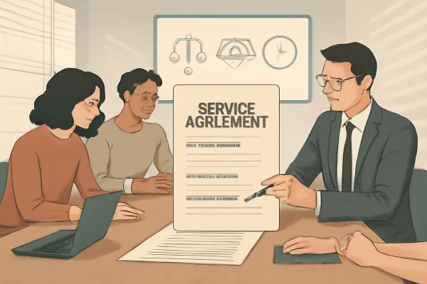 Startup team reviewing a legal service agreement with a lawyer in a minimalist office.