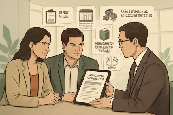 Startup founders reviewing a service contract agreement with legal counsel in a modern office.