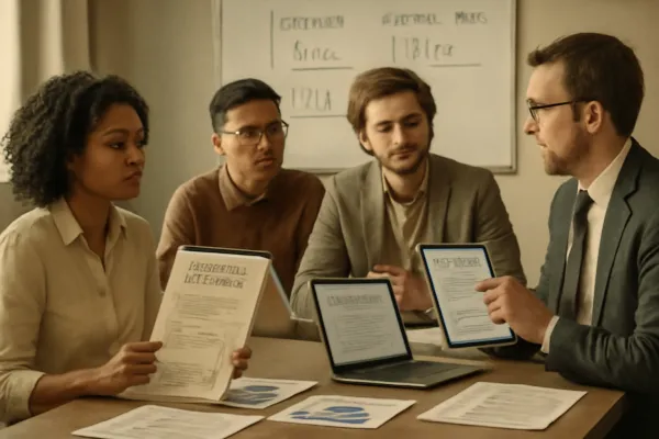 Startup team reviewing Service Level Agreement documents with lawyer in modern office.