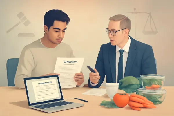 Startup founder and lawyer reviewing food vendor contract at a workspace with fresh food.