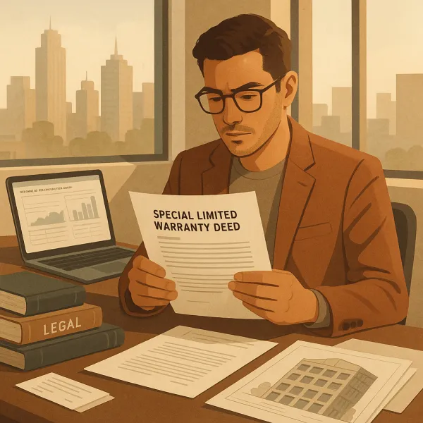 Startup founder reviewing a Special Limited Warranty Deed at a desk with legal and real estate documents