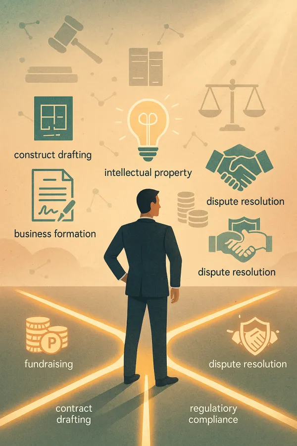 Illustration of a startup lawyer guiding legal pathways with icons for contracts, IP, compliance, and fundraising.